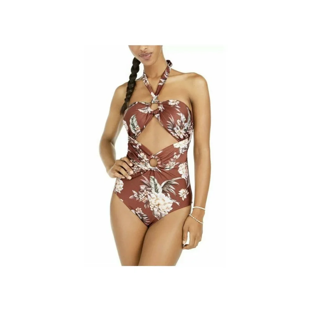 Bar III Woman’s LUAU PALM Cutout Halter One-Piece Swimsuit  SZ XL‎